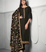 Black chinon straight pant suit with embroidery and sequins work free-size stitched.