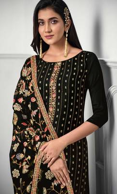 Black chinon straight pant suit with embroidery and sequins work free-size stitched. 2