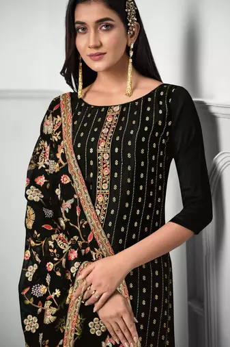 Black chinon straight pant suit with embroidery and sequins work free-size stitched.