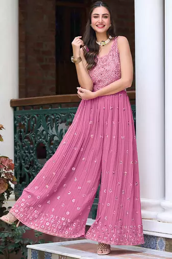 Pink georgette jumpsuit with embroidery and sequins work free-size stitched (up to 42").