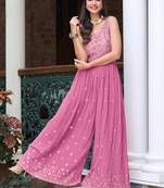 Pink georgette jumpsuit with embroidery and sequins work free-size stitched (up to 42").