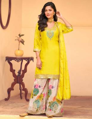 Yellow chinon silk straight top palazzo suit with embroidery and stone sequin work free-size stitched. 1
