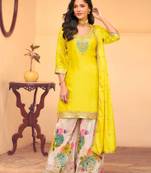 Yellow chinon silk straight top palazzo suit with embroidery and stone sequin work free-size stitched.