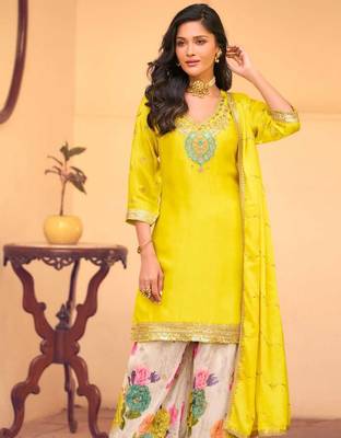 Yellow chinon silk straight top palazzo suit with embroidery and stone sequin work free-size stitched. 2