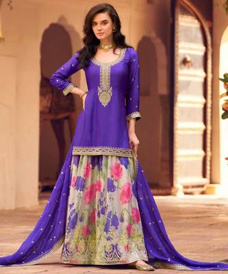 Blue chinon silk straight top palazzo suit with embroidery and stone sequin work free-size stitched. 1
