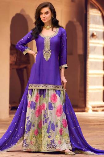 Blue chinon silk straight top palazzo suit with embroidery and stone sequin work free-size stitched.