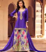 Blue chinon silk straight top palazzo suit with embroidery and stone sequin work free-size stitched.