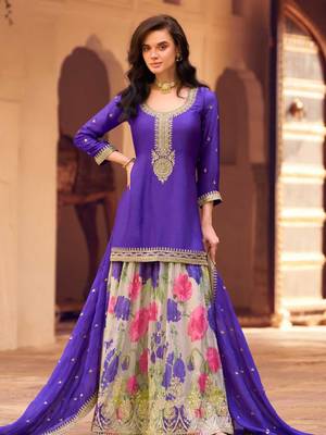 Blue chinon silk straight top palazzo suit with embroidery and stone sequin work free-size stitched. 2