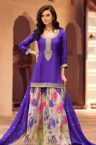 Blue chinon silk straight top palazzo suit with embroidery and stone sequin work free-size stitched.