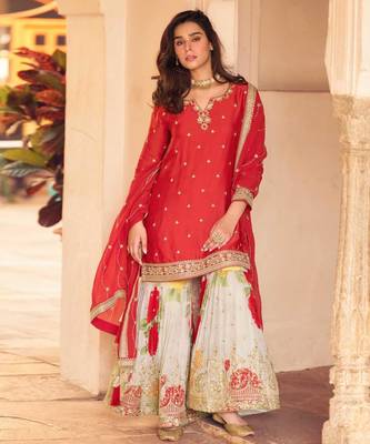 Red chinon silk straight top palazzo suit with embroidery and stone sequin work free-size stitched. 1