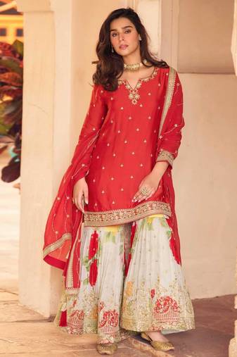 Red chinon silk straight top palazzo suit with embroidery and stone sequin work free-size stitched.
