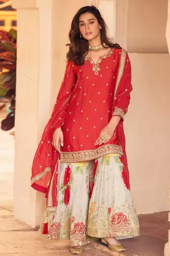 Red chinon silk straight top palazzo suit with embroidery and stone sequin work free-size stitched.