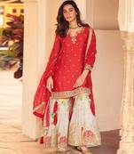 Red chinon silk straight top palazzo suit with embroidery and stone sequin work free-size stitched.