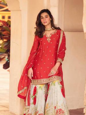 Red chinon silk straight top palazzo suit with embroidery and stone sequin work free-size stitched. 2
