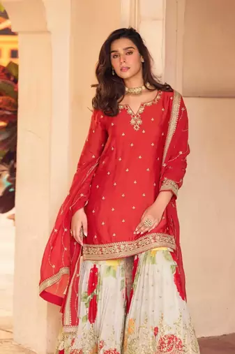 Red chinon silk straight top palazzo suit with embroidery and stone sequin work free-size stitched.