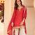Red chinon silk straight top palazzo suit with embroidery and stone sequin work, free-size stitched.