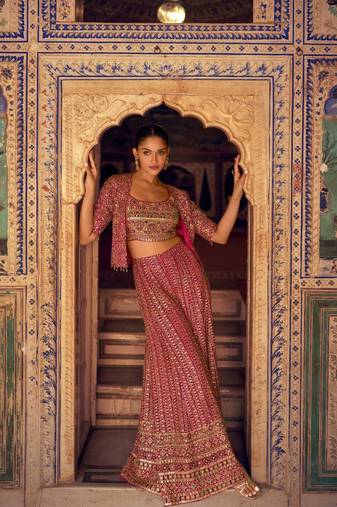 Fuchsia pink georgette blouse palazzo suit with embroidery seroski zarkan stone sequin & beads free-size stitched.