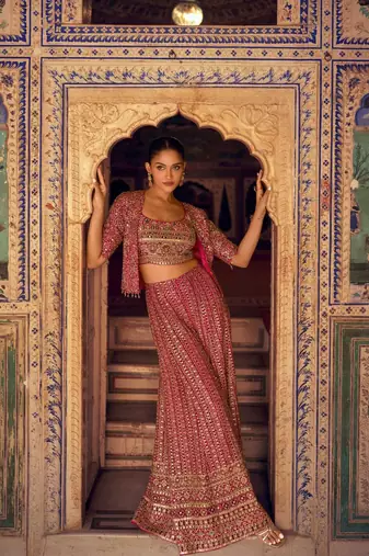 Fuchsia pink georgette blouse palazzo suit with embroidery seroski zarkan stone sequin & beads free-size stitched.