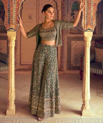Green embroidered georgette blouse palazzo suit- free size stitched(size upto 42") 1