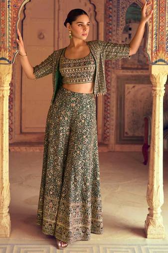 Green embroidered georgette blouse palazzo suit- free size stitched(size upto 42")