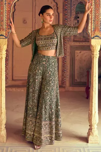 Green embroidered georgette blouse palazzo suit- free size stitched(size upto 42")