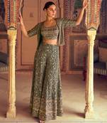 Green embroidered georgette blouse palazzo suit- free size stitched(size upto 42")
