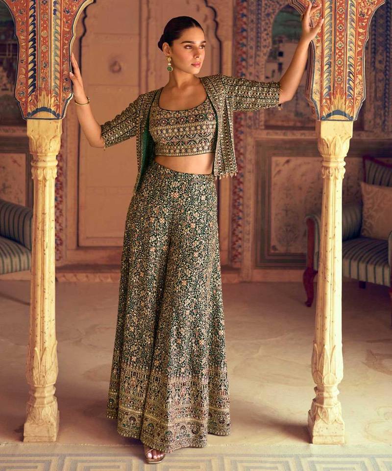 Green  embroidered  georgette blouse  palazzo   suit- free size stitched(size upto 42")