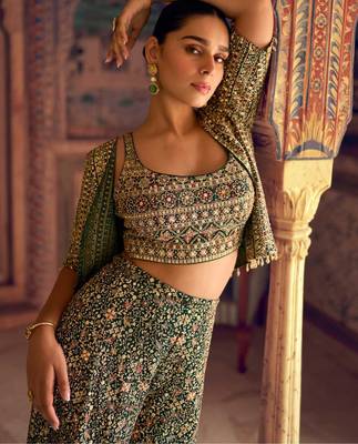 Green embroidered georgette blouse palazzo suit- free size stitched(size upto 42") 2