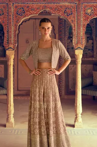 Mauve georgette blouse palazzo suit with embroidery seroski zarkan stone sequin & beads free-size stitched.