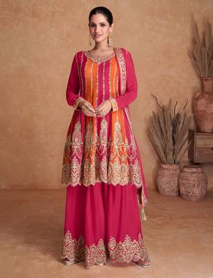Pink-orange chinon straight long top palazzo suit with heavy gold zari, resham thread & sequins, free-size stitched. 1