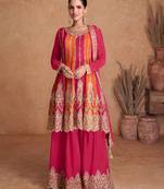 Pink-orange chinon straight long top palazzo suit with heavy gold zari, resham thread & sequins, free-size stitched.