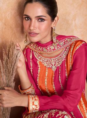 Pink-orange chinon straight long top palazzo suit with heavy gold zari, resham thread & sequins, free-size stitched. 2