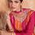 Pink-orange chinon straight long top palazzo suit with heavy gold zari, resham thread & sequins, free-size stitched.