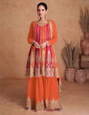 Orange-pink chinon straight long top palazzo suit with heavy gold zari resham thread & sequins - Full Stitched free Size 1
