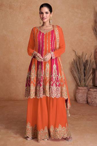Orange-pink chinon straight long top palazzo suit with heavy gold zari resham thread & sequins - Full Stitched free Size