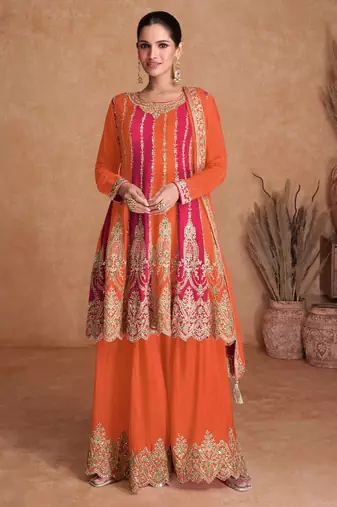 Orange-pink chinon straight long top palazzo suit with heavy gold zari resham thread & sequins - Full Stitched free Size