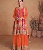 Orange-pink chinon straight long top palazzo suit with heavy gold zari resham thread & sequins - Full Stitched free Size