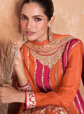Orange-pink chinon straight long top palazzo suit with heavy gold zari resham thread & sequins - Full Stitched free Size 2