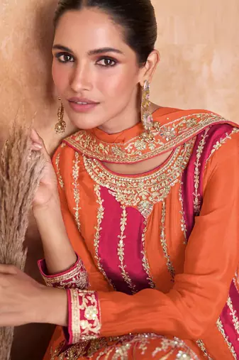 Orange-pink chinon straight long top palazzo suit with heavy gold zari resham thread & sequins - Full Stitched free Size