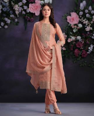 Peach organza straight pant suit with embroidery and handwork free-size stitched (up to 42"). 1