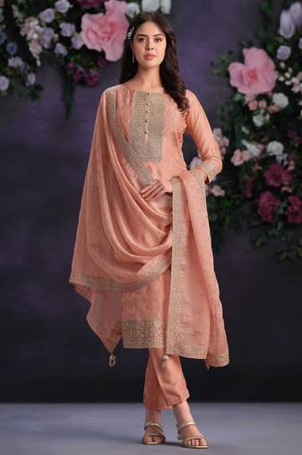 Peach organza straight pant suit with embroidery and handwork free-size stitched (up to 42").