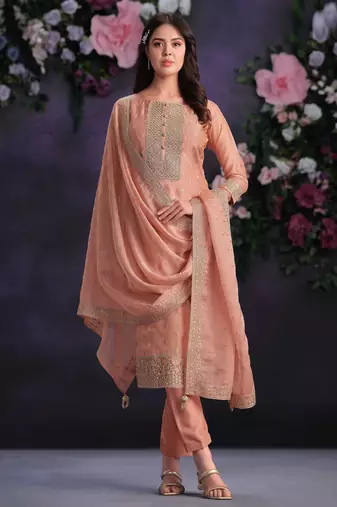 Peach organza straight pant suit with embroidery and handwork free-size stitched (up to 42").