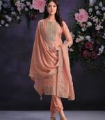 Peach organza straight pant suit with embroidery and handwork free-size stitched (up to 42").