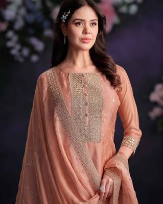 Peach organza straight pant suit with embroidery and handwork free-size stitched (up to 42"). 2
