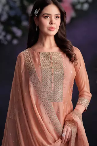 Peach organza straight pant suit with embroidery and handwork free-size stitched (up to 42").