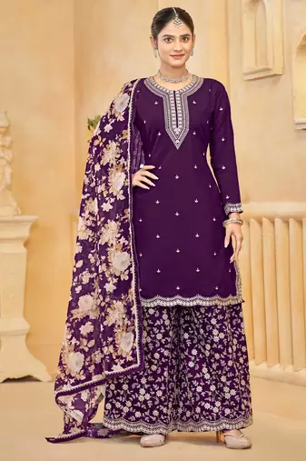 Purple roman silk straight palazzo suit with zari embroidery sequins & printed dupatta - Full Stitched free Size