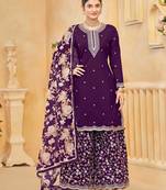 Purple roman silk straight palazzo suit with zari embroidery sequins & printed dupatta - Full Stitched free Size