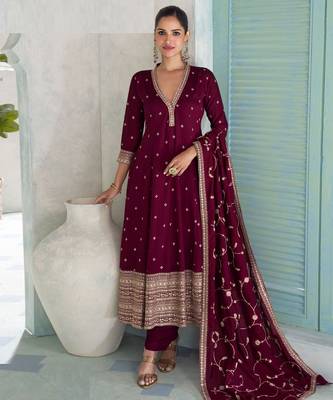 Wine silk anarkali kurti pant suit with zari sequins gota & mirror-style embellishments - Full Stitched free Size 1