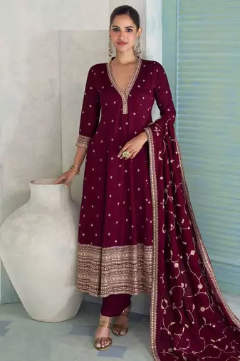 Wine silk anarkali kurti pant suit with zari sequins gota & mirror-style embellishments - Full Stitched free Size