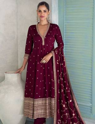 Wine silk anarkali kurti pant suit with zari sequins gota & mirror-style embellishments - Full Stitched free Size 2